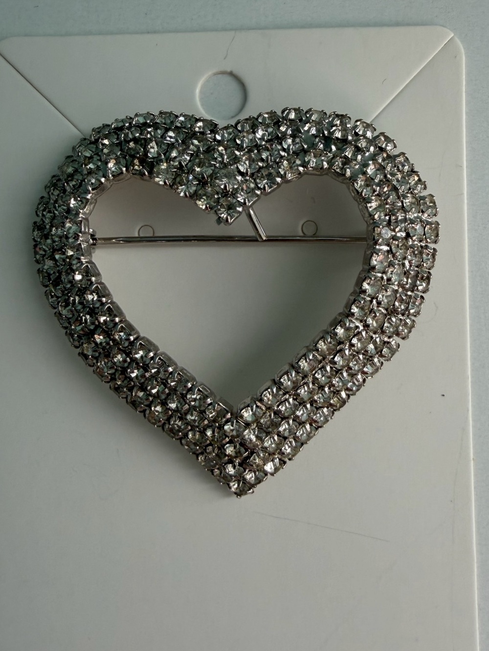 Vintage SilverTone Tiered Clear Rhinestone Open Heart Brooch